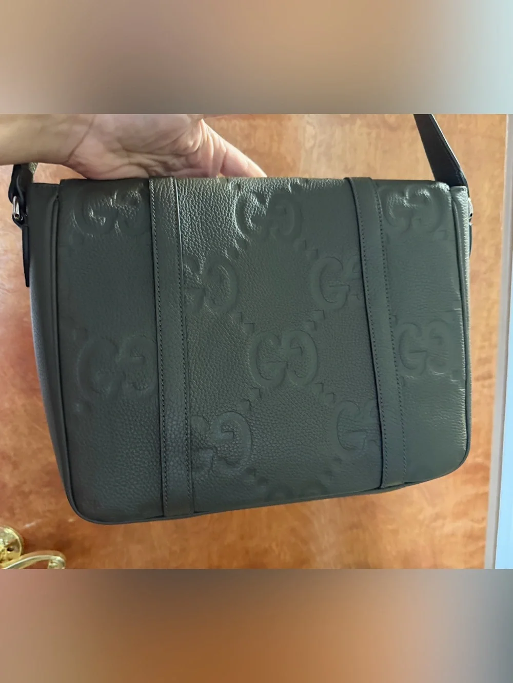 Gucci Dark Green Embossed GG Leather Messenger Bag